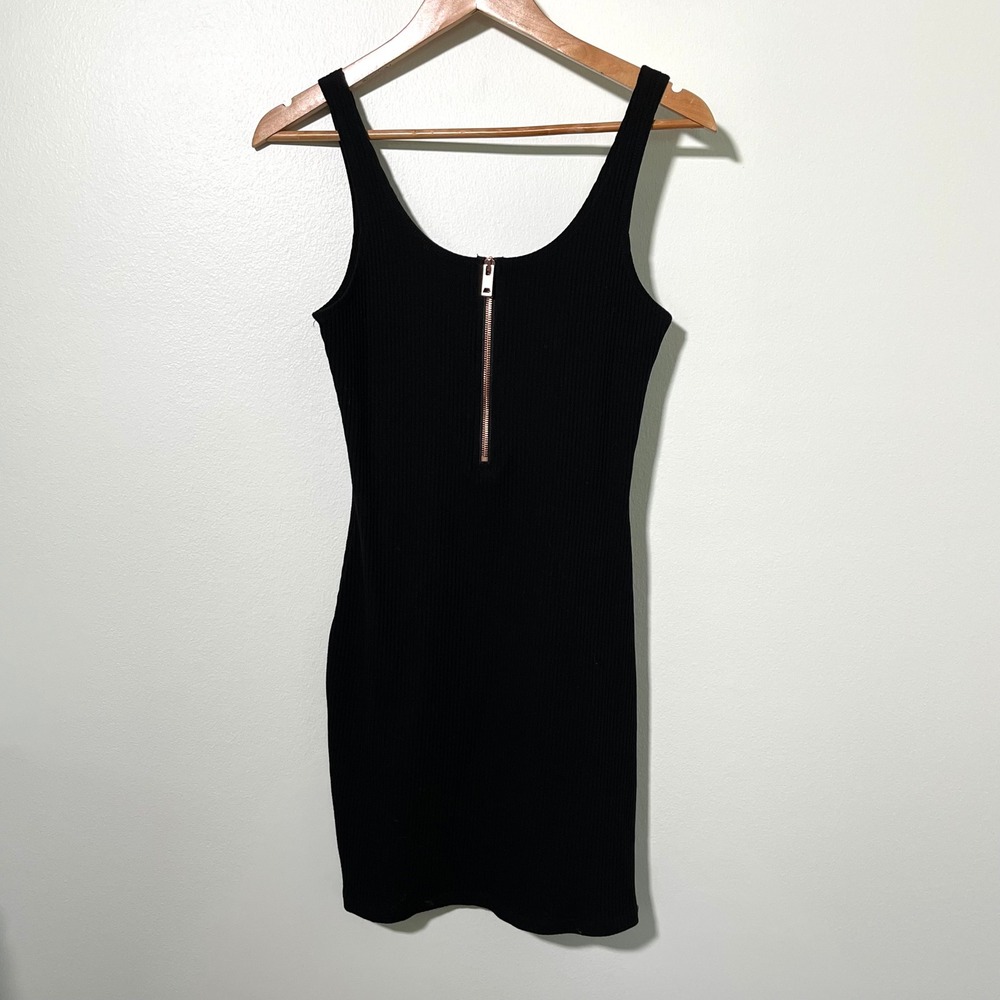Makers of Dreams Black Ribbed Zip Front Bodycon Mini Dress Womens Size Medium
